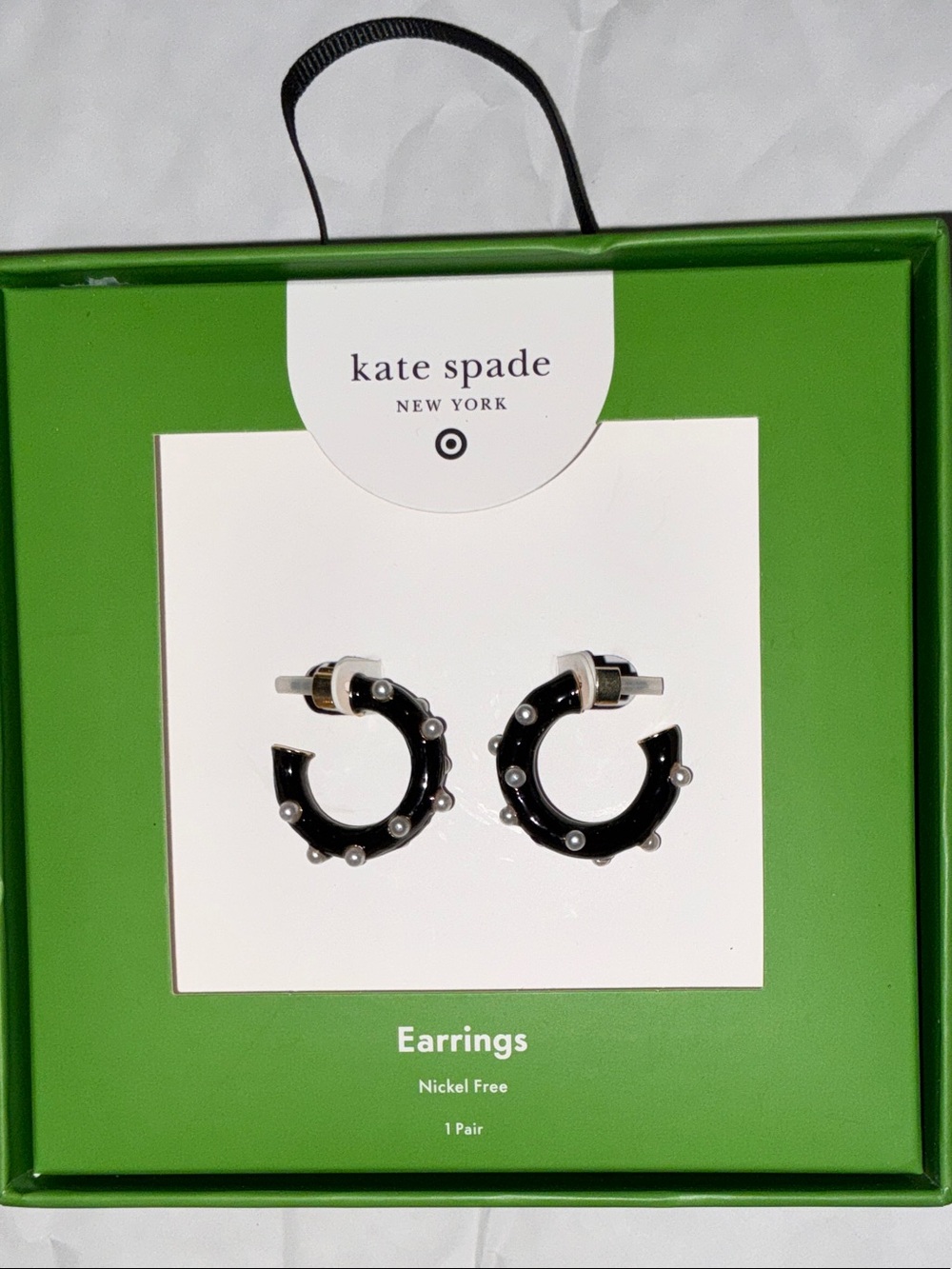 kate spade Black Hoop Earrings with Pearl Accents